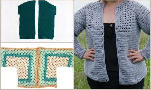 Three-part collage: Top left shows two pieces of green crochet fabric. Bottom left displays a multicolored crochet cardigan layout, illustrating how to crochet a cardigan. Right image features a person wearing a gray crochet cardigan.