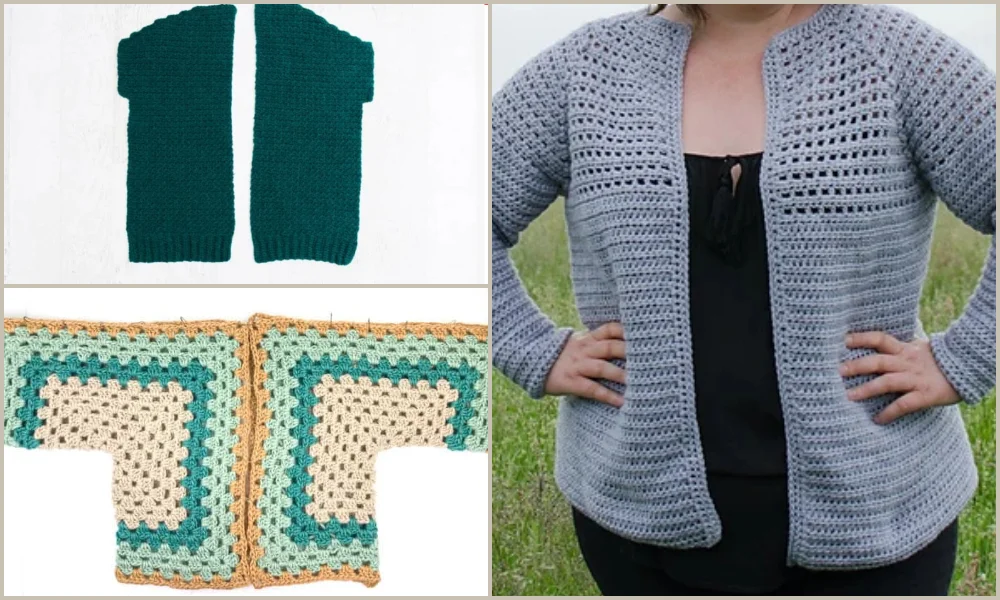 Three-part collage: Top left shows two pieces of green crochet fabric. Bottom left displays a multicolored crochet cardigan layout, illustrating how to crochet a cardigan. Right image features a person wearing a gray crochet cardigan.