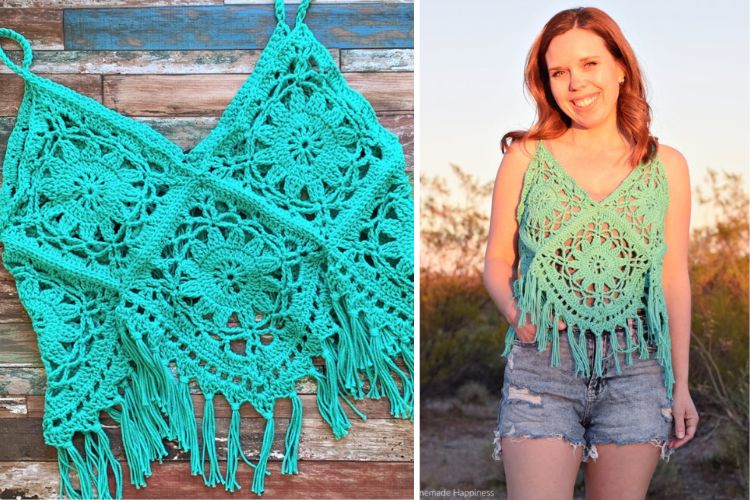 A woman is wearing a turquoise crocheted top with tassels.