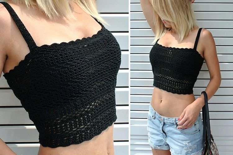 A woman wearing a black crochet top and shorts.