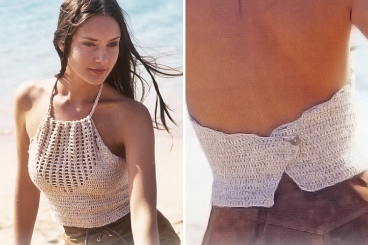 a woman wearing a crochet halter top in a neutral color