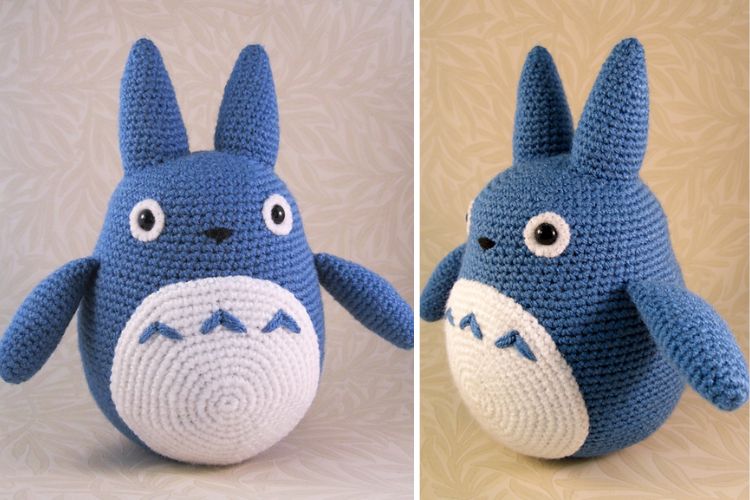 Two pictures of a crocheted totoro.