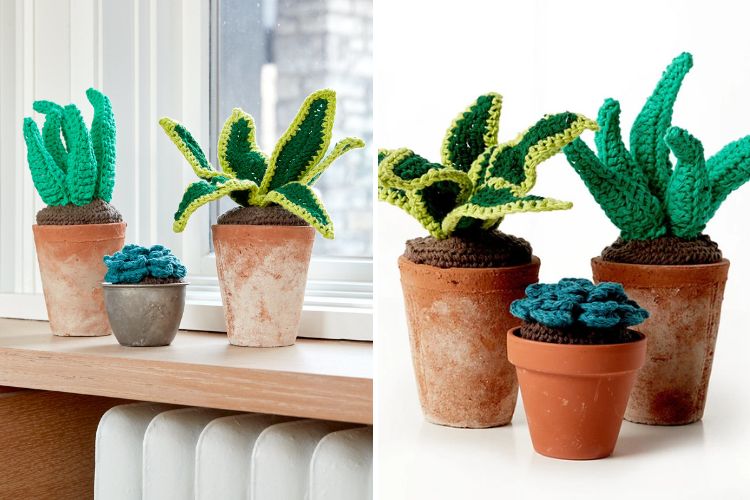 Three crocheted potted plants on a window sill.