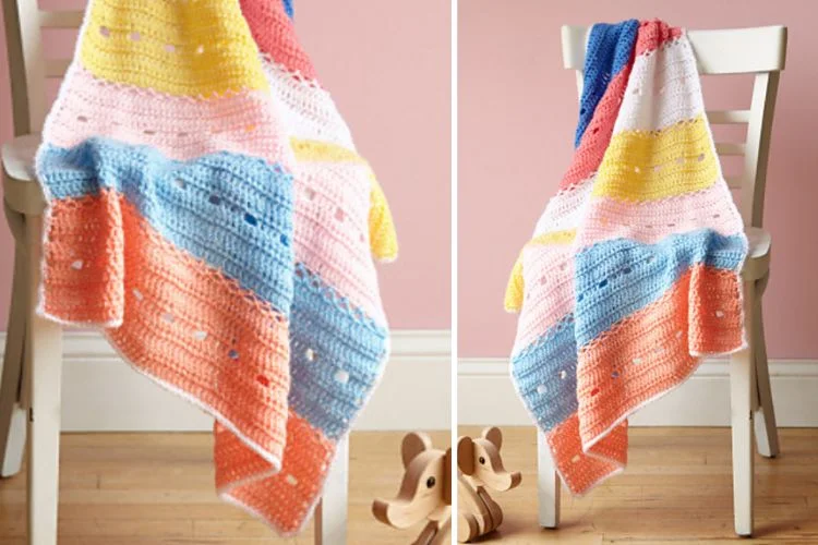 Two pictures of a crocheted afghan hanging on a chair.