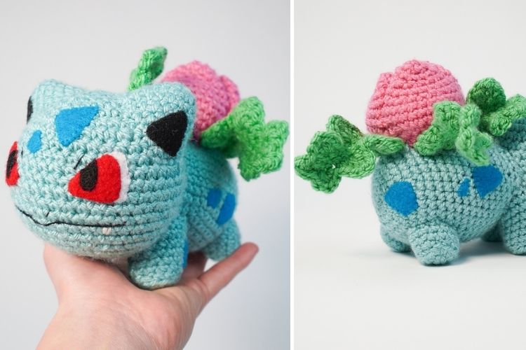 a blue crochet bulbasaur Pokemon amigurumi with a pink flower on its back