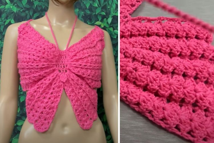 A mannequin wearing a pink crocheted top.