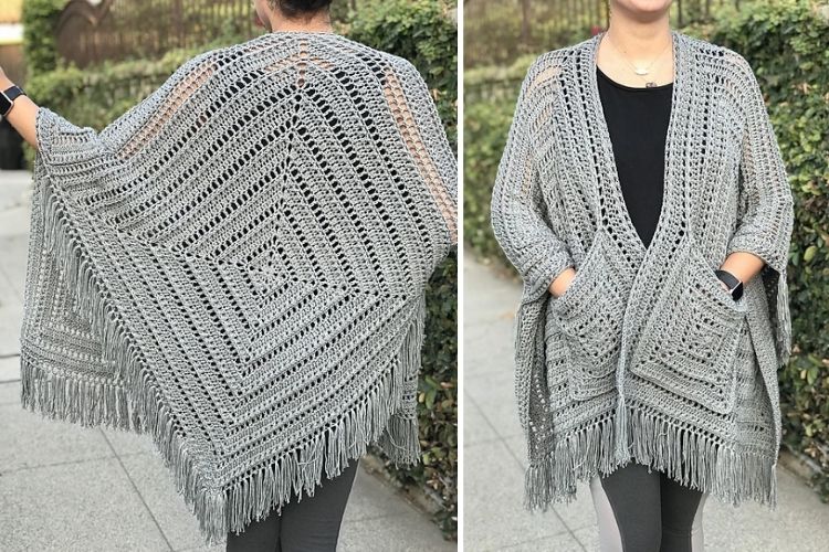 Two pictures of a woman wearing a grey crocheted poncho.