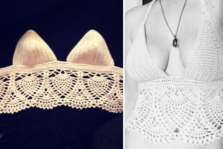 Two pictures of a woman wearing a crocheted bikini top.