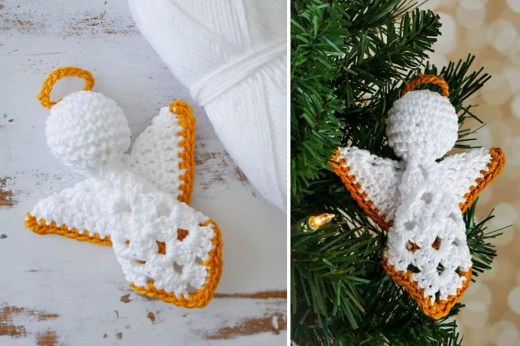 Two pictures of crocheted angel ornaments on a christmas tree.