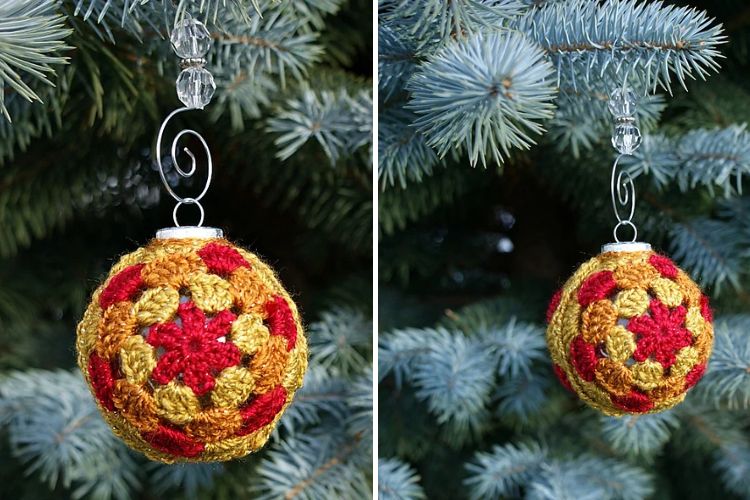 Two pictures of crocheted christmas ornaments hanging from a tree.