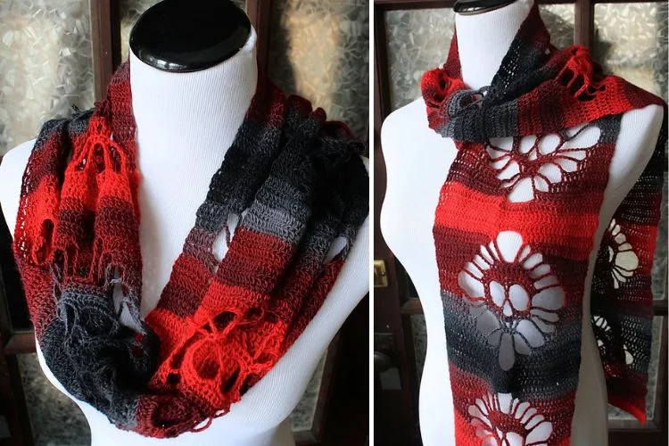 Two pictures of a red and black crocheted scarf.