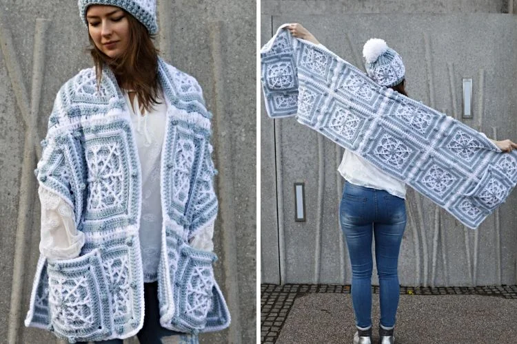 Two pictures of a woman wearing a crocheted shawl.