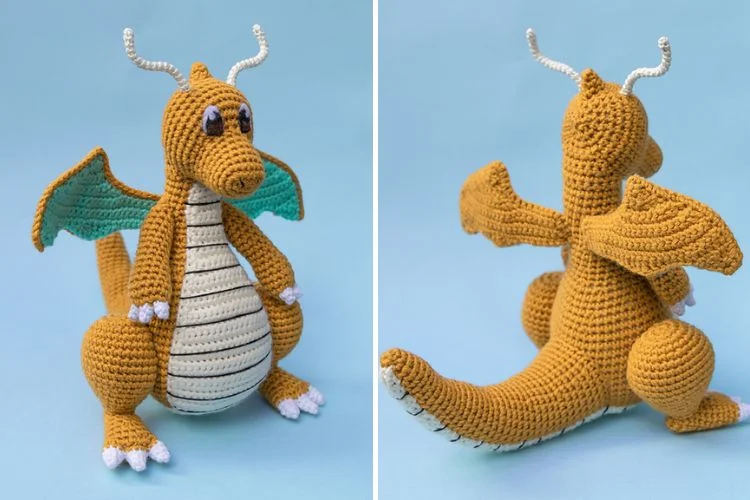 Two pictures of a crocheted dragon.