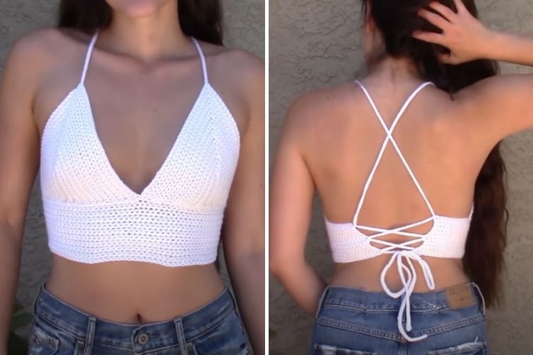 Two pictures of a woman wearing a white crop top.