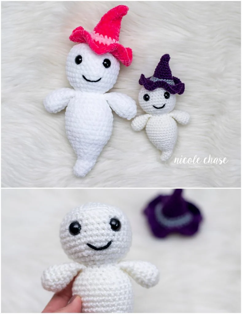 Two crocheted ghost amigurumi dolls, one large with a pink hat and one small with a purple hat, are shown on a white surface; the bottom photo features a close-up of the smaller ghost.