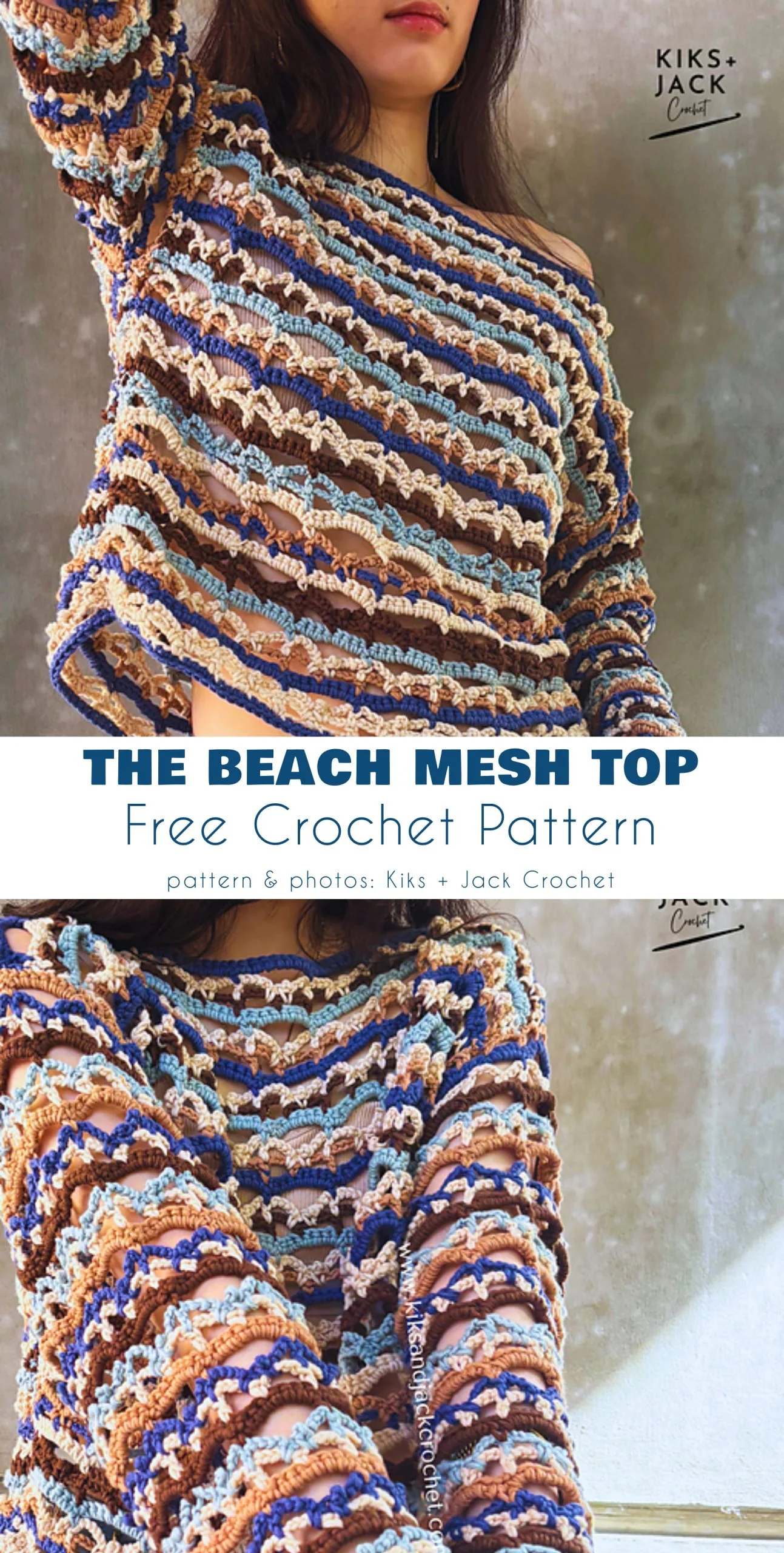 Woman wearing a loose, multicolored crochet mesh top with horizontal stripes in blue, beige, and brown; text overlay promotes mesh top free crochet patterns, including "The Beach Mesh Top.