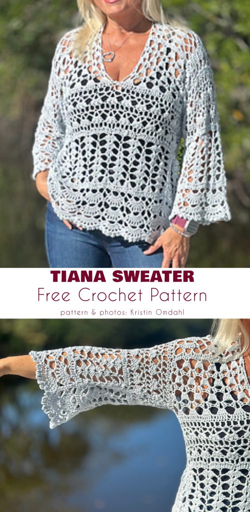 Woman wearing a light gray, lacy mesh top outdoors; text below reads, "TIANA SWEATER Free Crochet Pattern, pattern & photos: Kristin Omdahl. Find more mesh top free crochet patterns on her site.