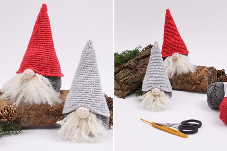 Two shy crocheted Christmas gnomes with red beards and scissors.