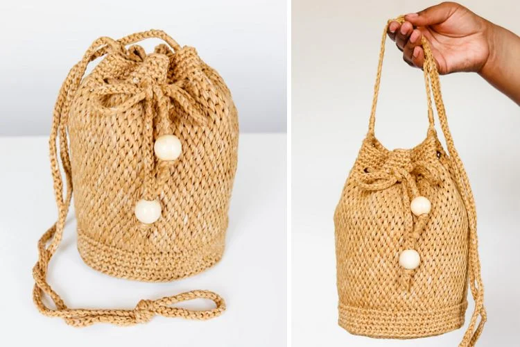 Two pictures of a hand holding a tan bucket bag.