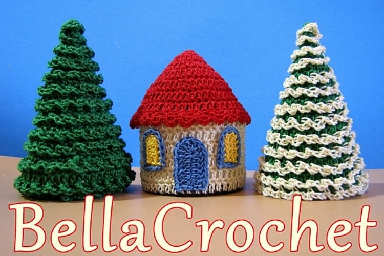 Three crocheted houses with the words bella crochet.