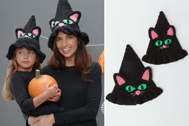 Two pictures of a woman and a child wearing witch hats.