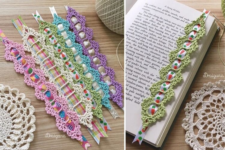 Crocheted bookmarks on a book with doilies.