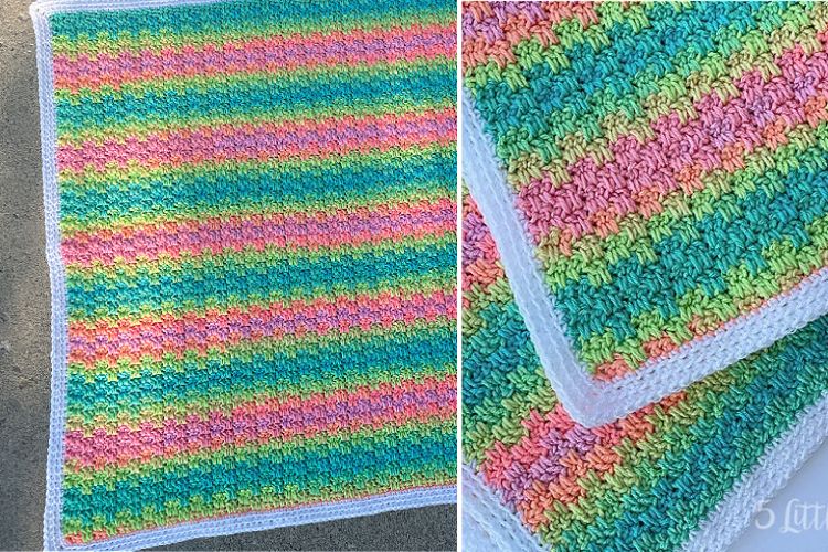 Two pictures of a crocheted afghan with colorful stripes.