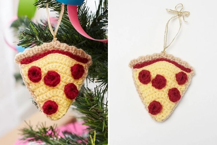 Two pictures of pizza ornaments hanging on a christmas tree.