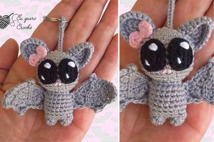 Two pictures of crocheted bats in a hand.