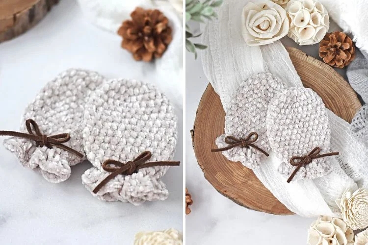 Two pictures of knitted mittens on a wooden table.