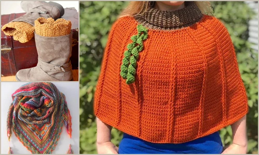 A collage of crocheted items, including a poncho and booties.