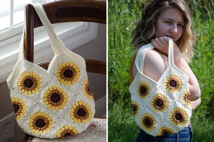 Two pictures of a woman holding a crocheted sunflower bag.