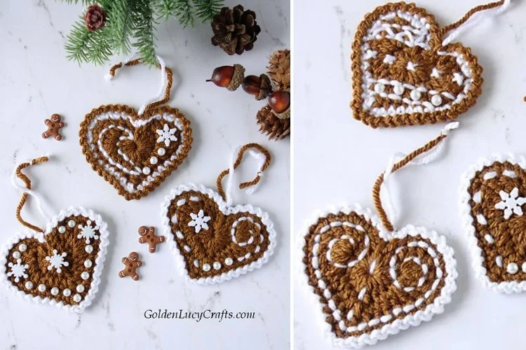 a set of crochet heart-shaped gingerbread christmas ornaments