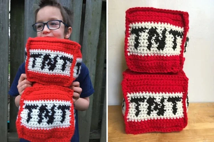 Two pictures of a boy holding a crocheted tin can.