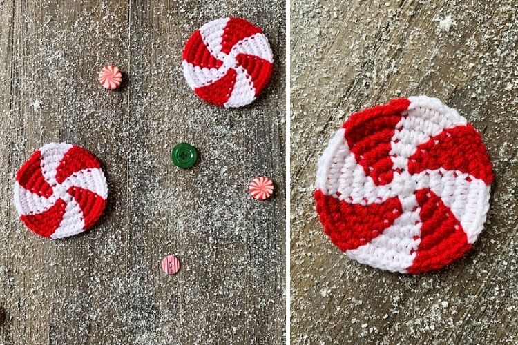 Two pictures of crocheted candy cane coasters.