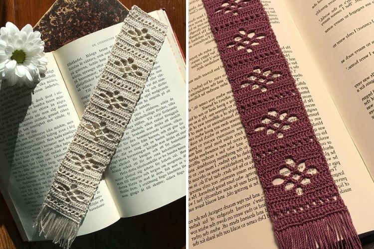 Two pictures of a book with a crocheted bookmark.