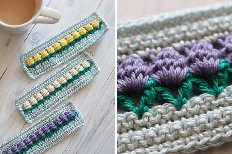 three crochet bookmarks with a flower design in different colors