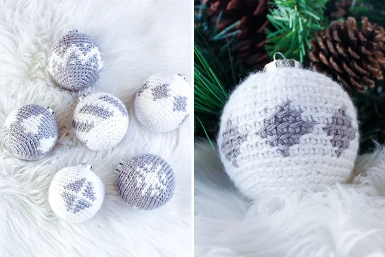 Crocheted christmas ornaments on a white fur rug.