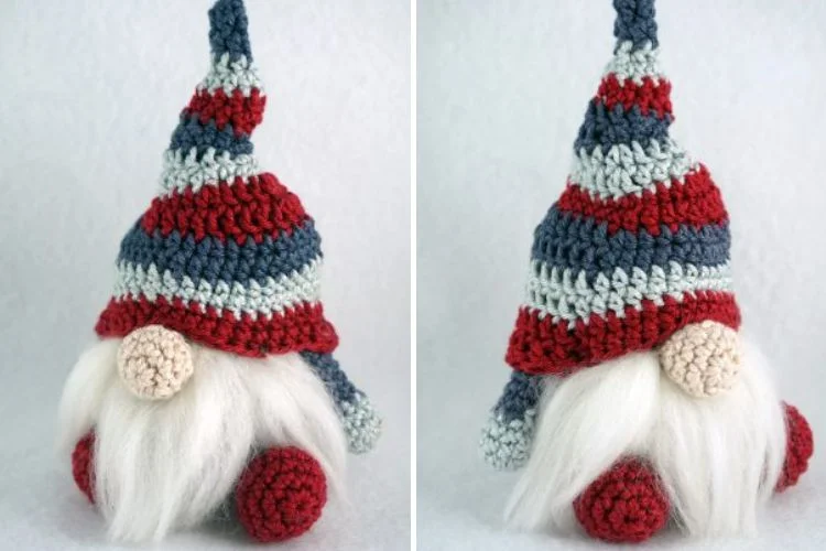 A crocheted gnome wearing a red, white and blue hat.