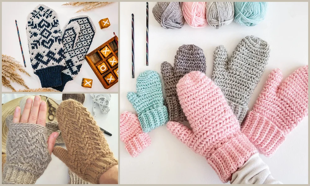 Crocheted mittens with knitting needles and yarn.