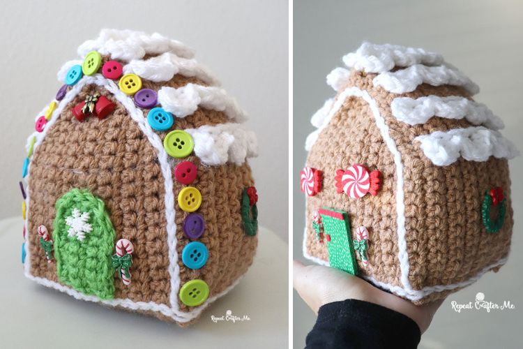 Two pictures of a crocheted gingerbread house.