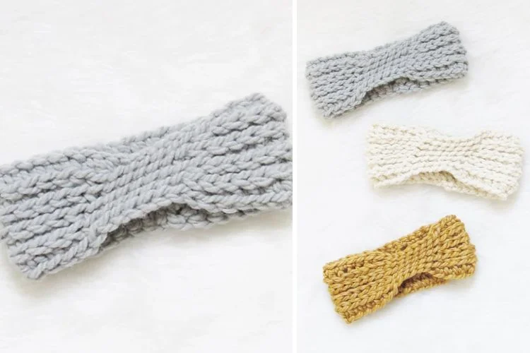 A set of knitted headbands in different colors.