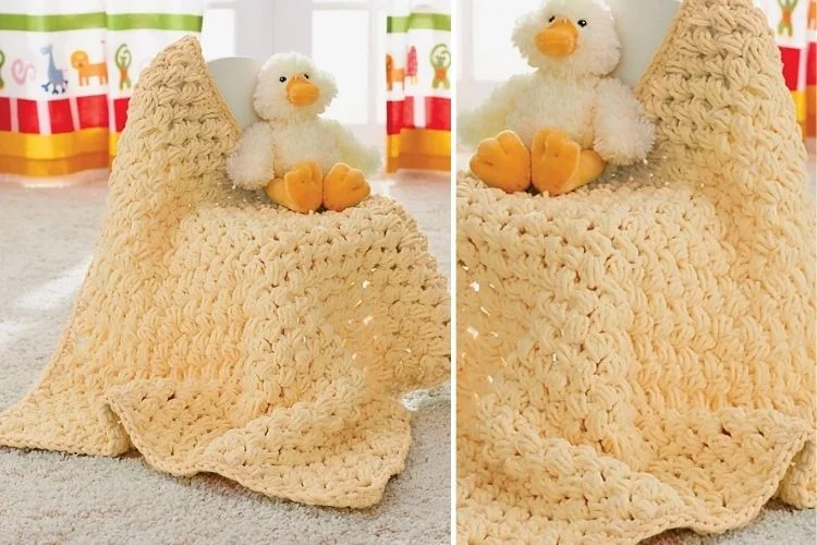 Two pictures of a crocheted baby blanket.