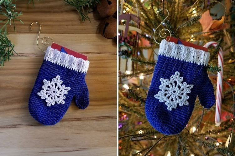 Two pictures of mittens hanging on a christmas tree.