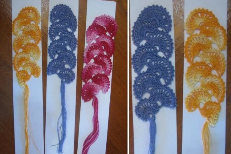 Four crochet bookmarks with different colors of yarn.