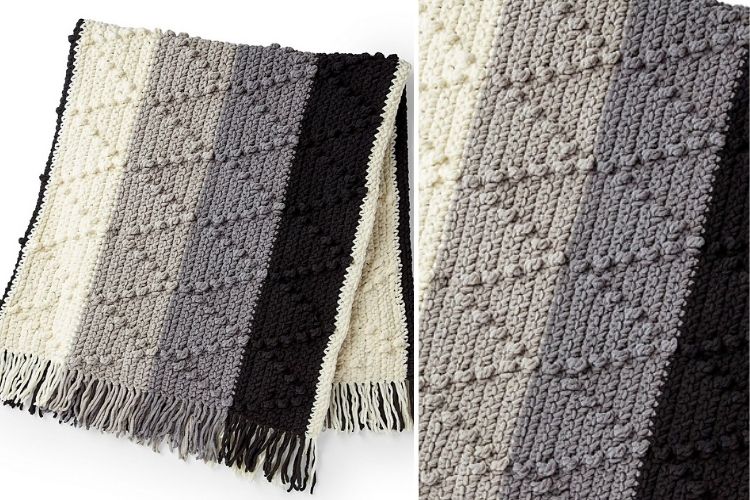 Two pictures of a black and white knitted blanket.