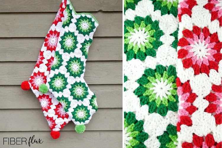 A christmas stocking crocheted with red, green, and white flowers.