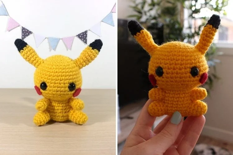 Two pictures of a crocheted pikachu.