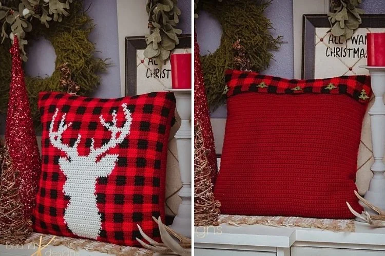 Two pictures of a christmas pillow with a deer on it.