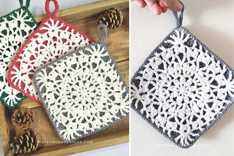 Two pictures of crocheted potholders with pine cones.